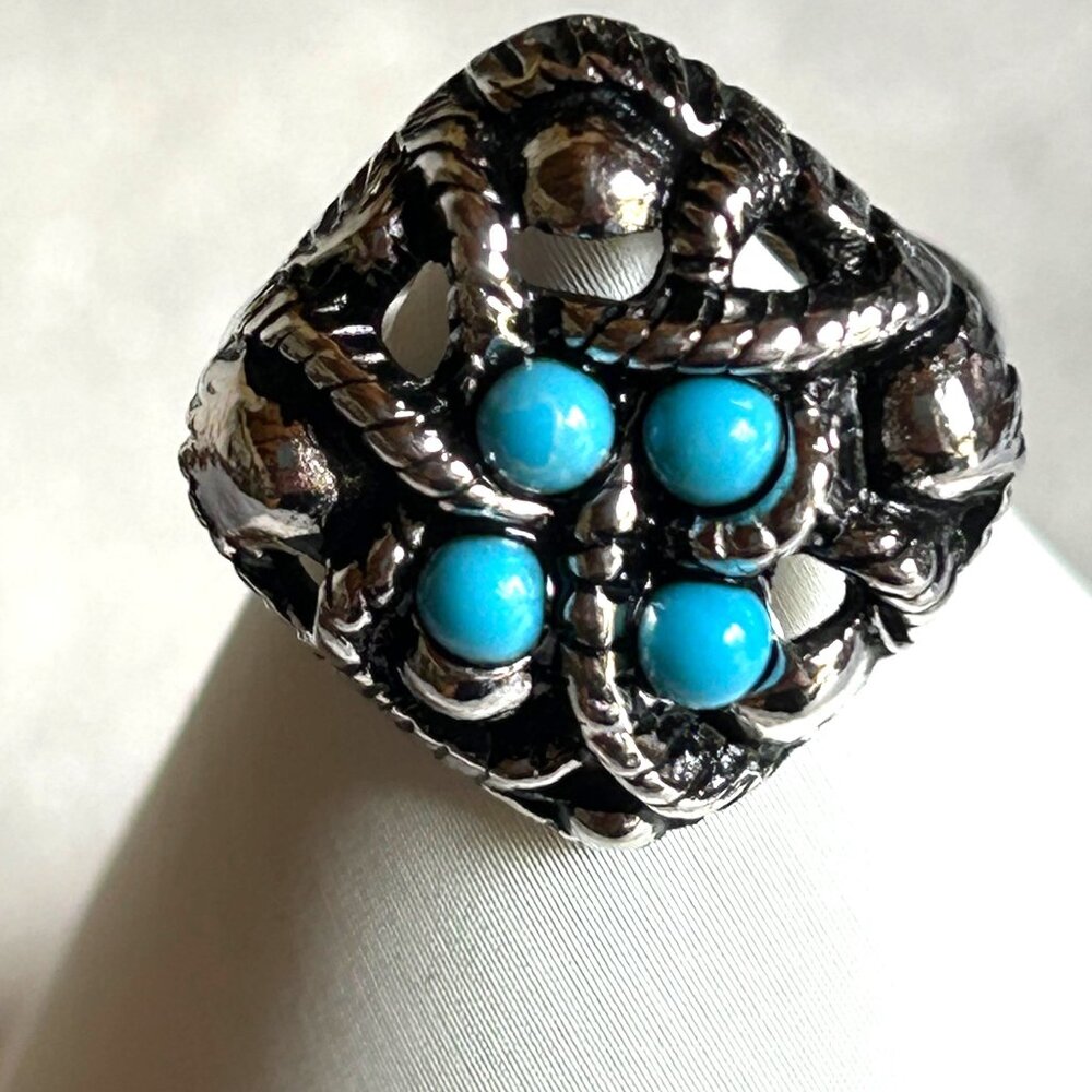 Vintage Avon Silver-Tone Ring With Faux Turquoise Stones Size 5